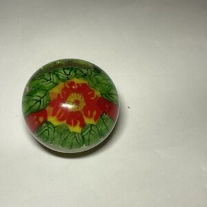 Vintage Murano mini glass paperweight Red & Yellow flowers with leaves 2 x 1.5"